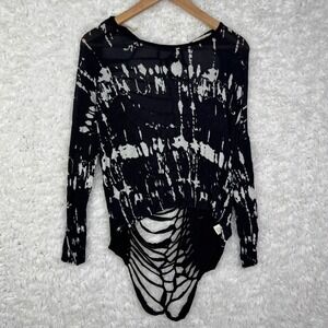 ARDEN B‎ Black Tie Dye Shredded Webbed back Long Sleeve Top Shirt Goth Grunge S